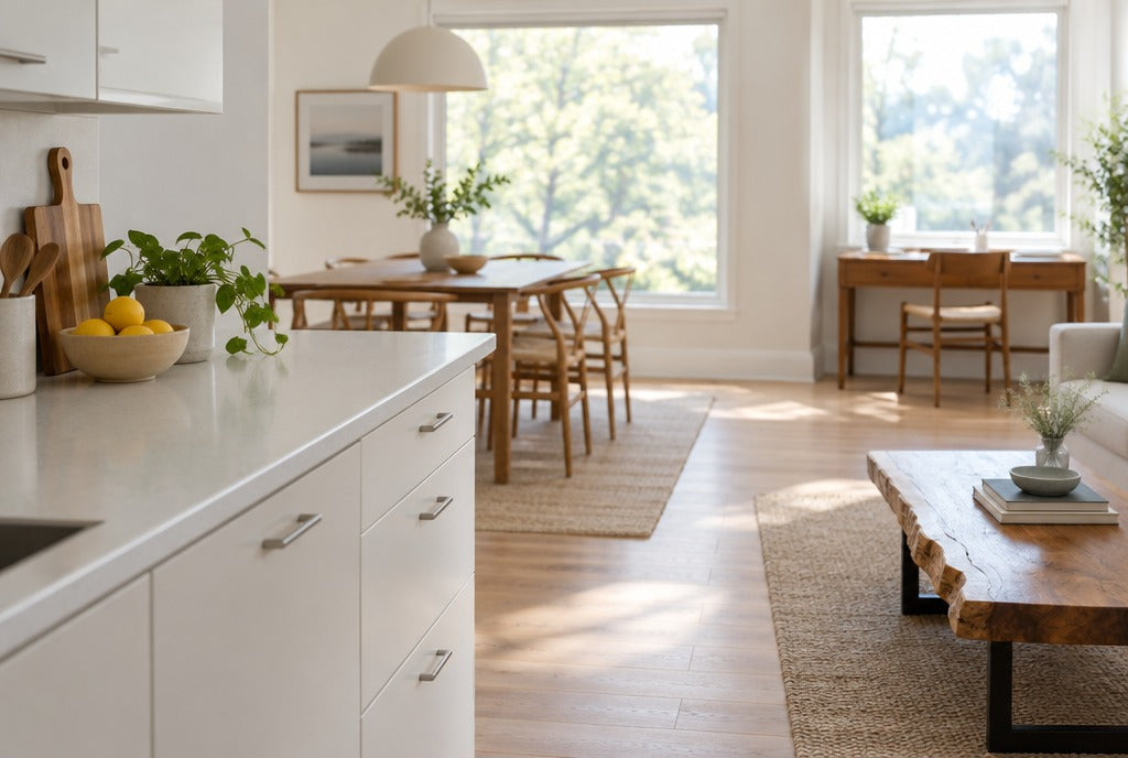 A bright kitchen with crisp laminate countertops opening onto a dining area with a live-edge solid wood coffee table and a wooden desk by the window