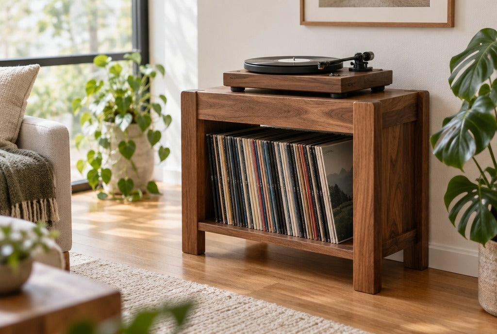 A handcrafted solid wood record player stand with a turntable on top and vinyl records on the shelf below in a bright living room with plants