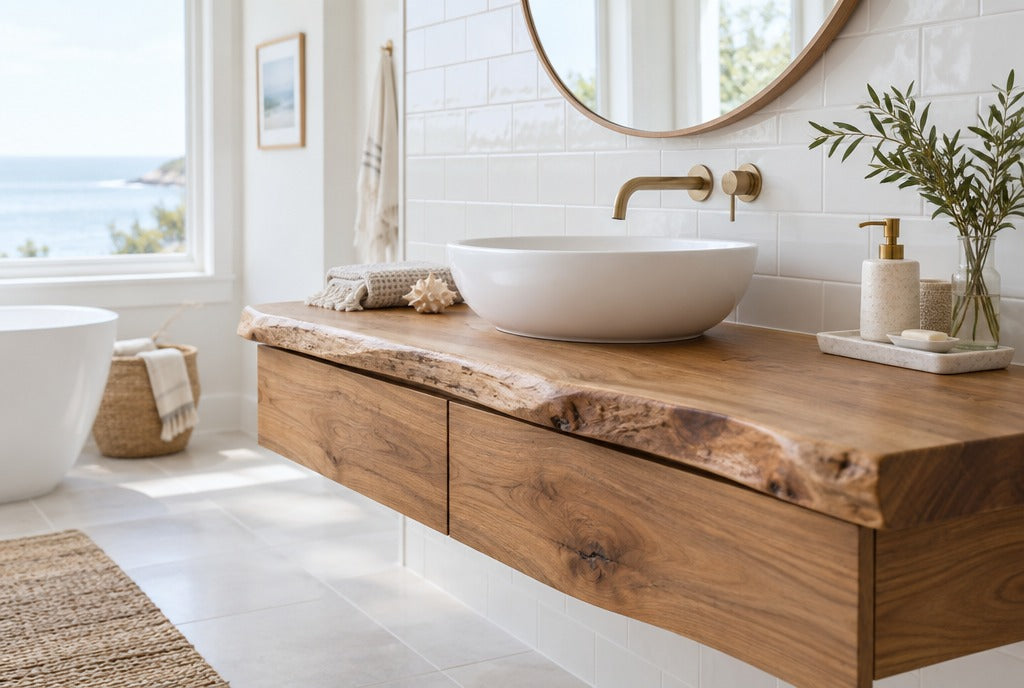 A live-edge solid wood floating bathroom vanity with drawers and a white vessel sink in a bright coastal bathroom with white tile and a round mirror