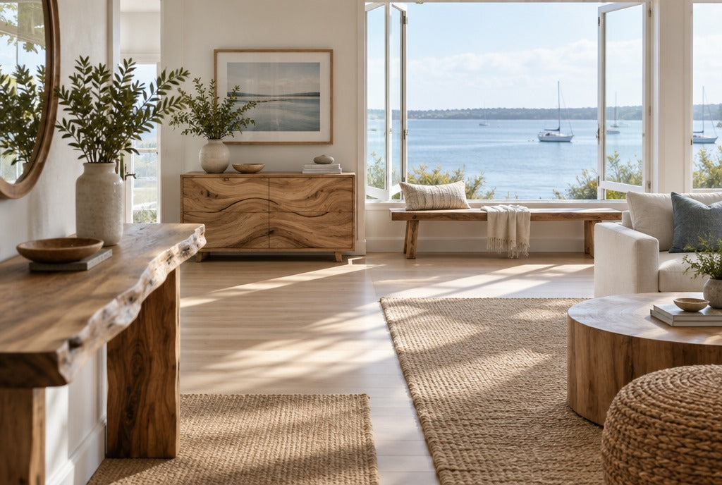 A bright bayside living room with a coastal organic wood console, a live-edge entryway table and a wooden bench by open windows with a view of a calm bay