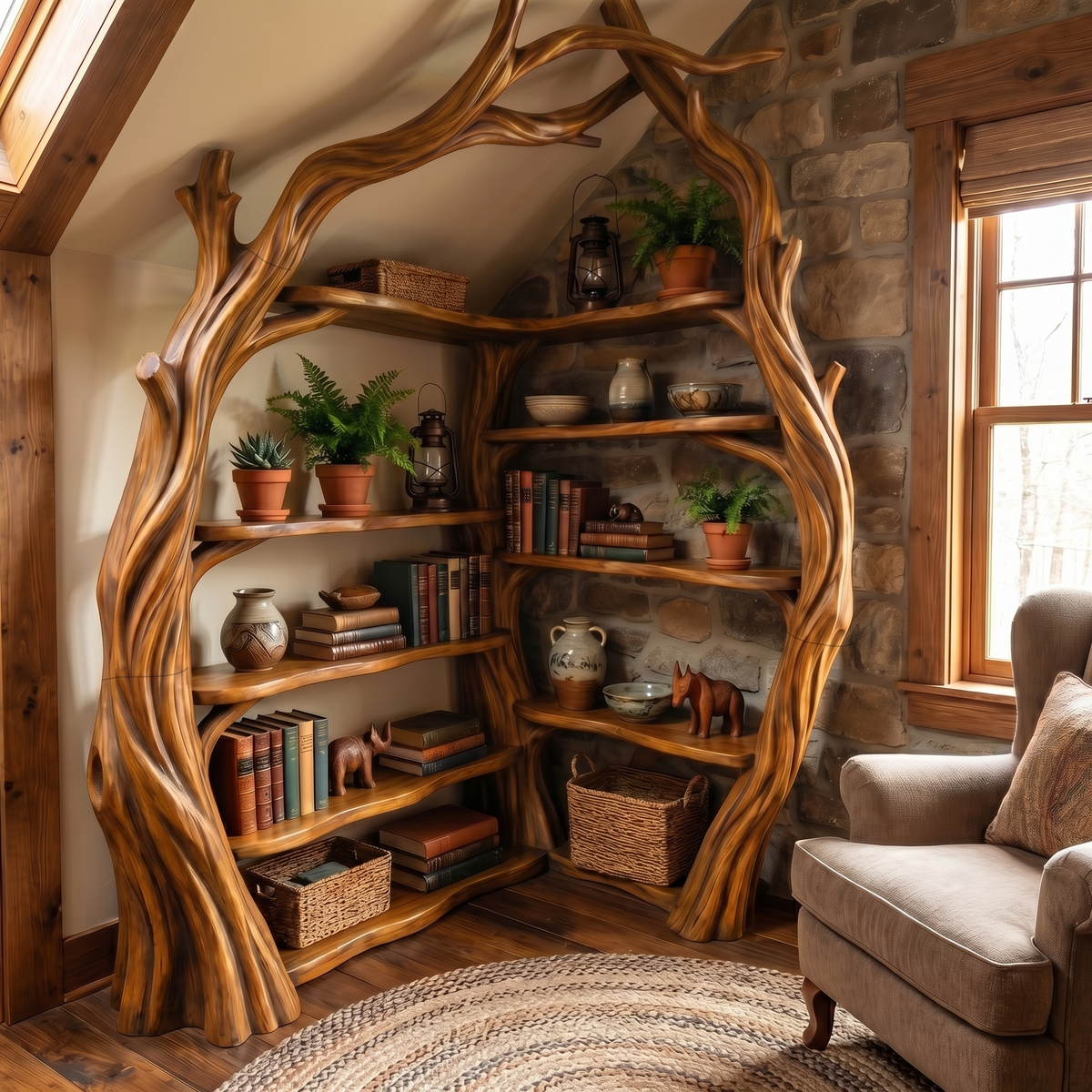 Tree Wall Bookshelf Corner Storage Bookcase Wooden Display Shelf For Living Room Bedroom Decor