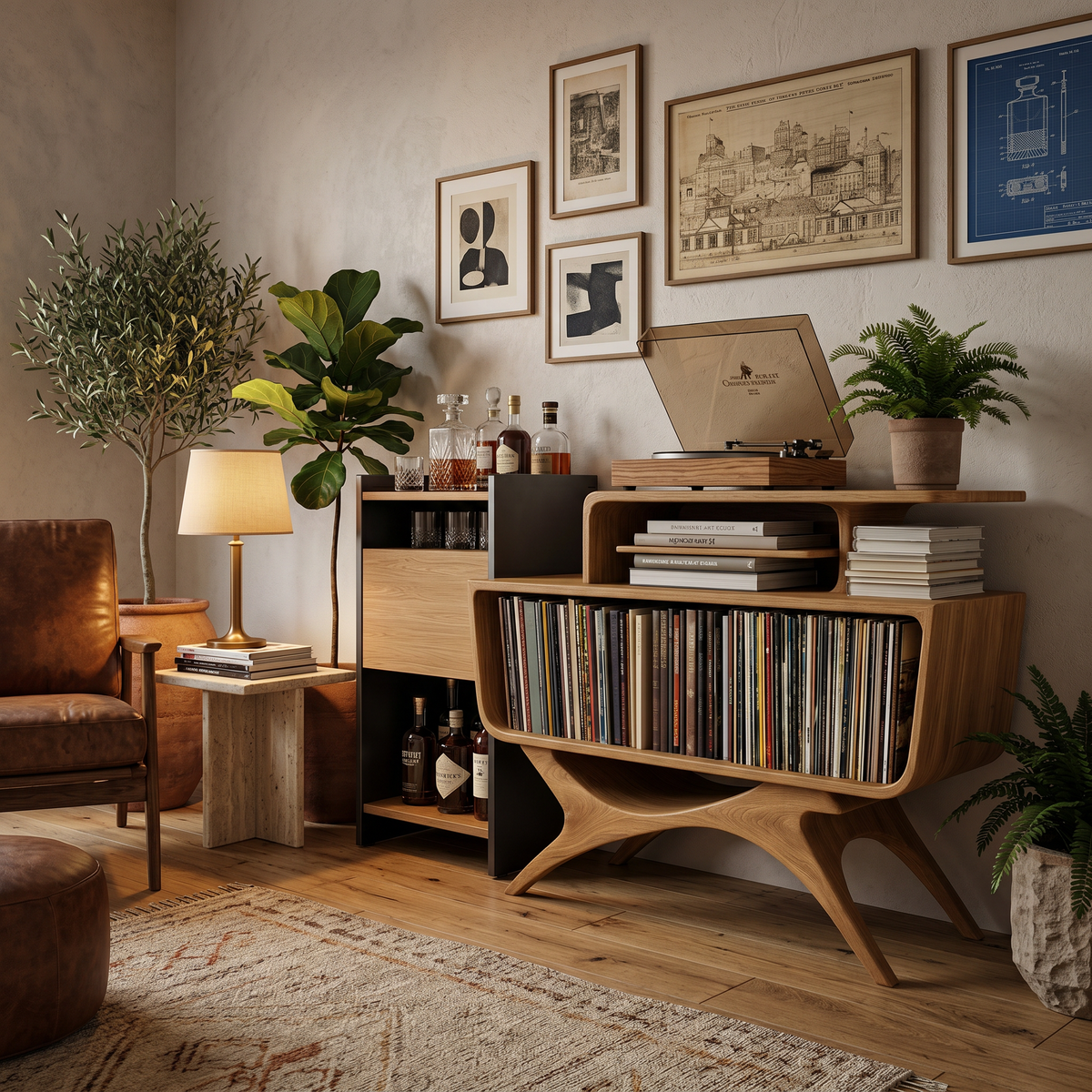 Modern Wooden Record Player Stand With Open Frame For Living