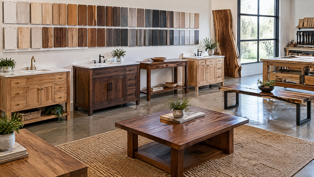 Inside a countertop and woodworking shop with laminate samples and finished solid wood furniture