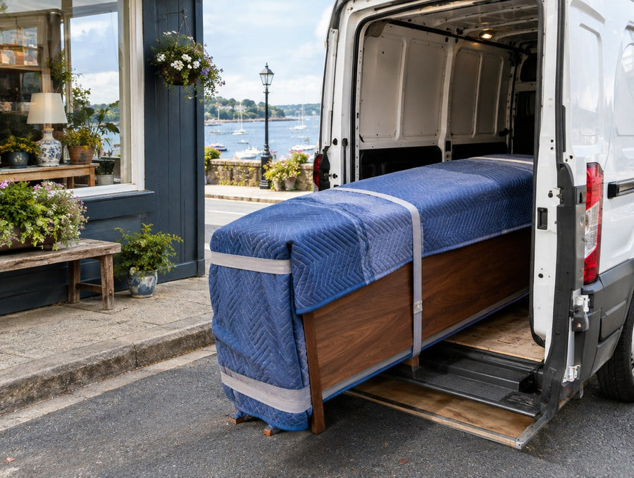 A solid wood console wrapped in moving blankets loaded into a van outside the Keyport shop